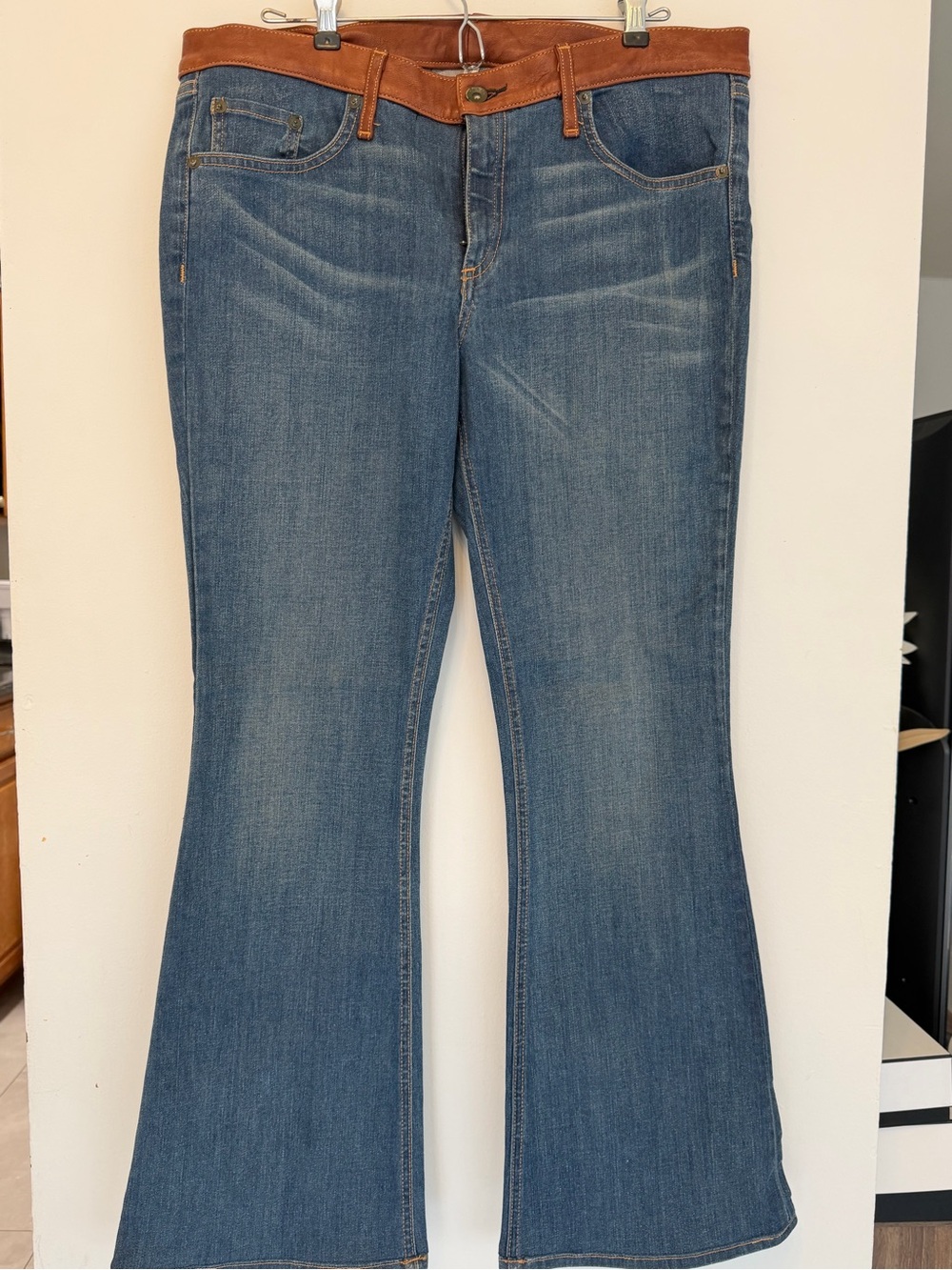 rag & bone Medium Blue Flare Jeans with Brown Waistband